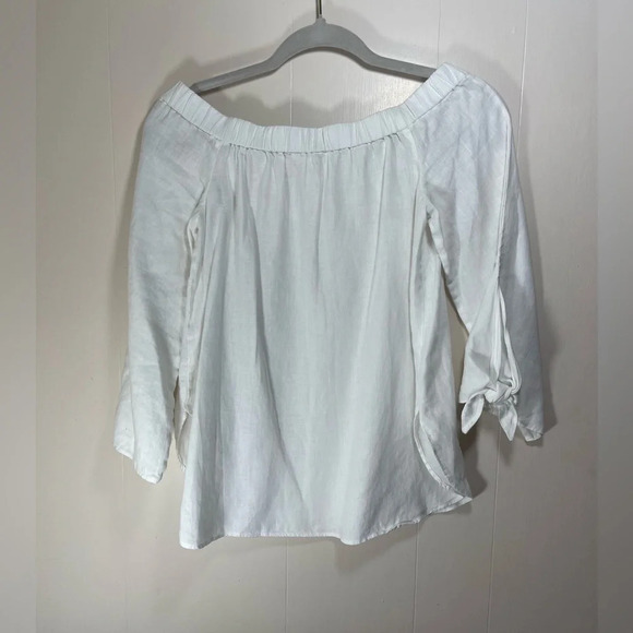 Laju 100% Linen Off The Shoulder Sheer White Blouse Top Women’s Size XS - Picture 14 of 15